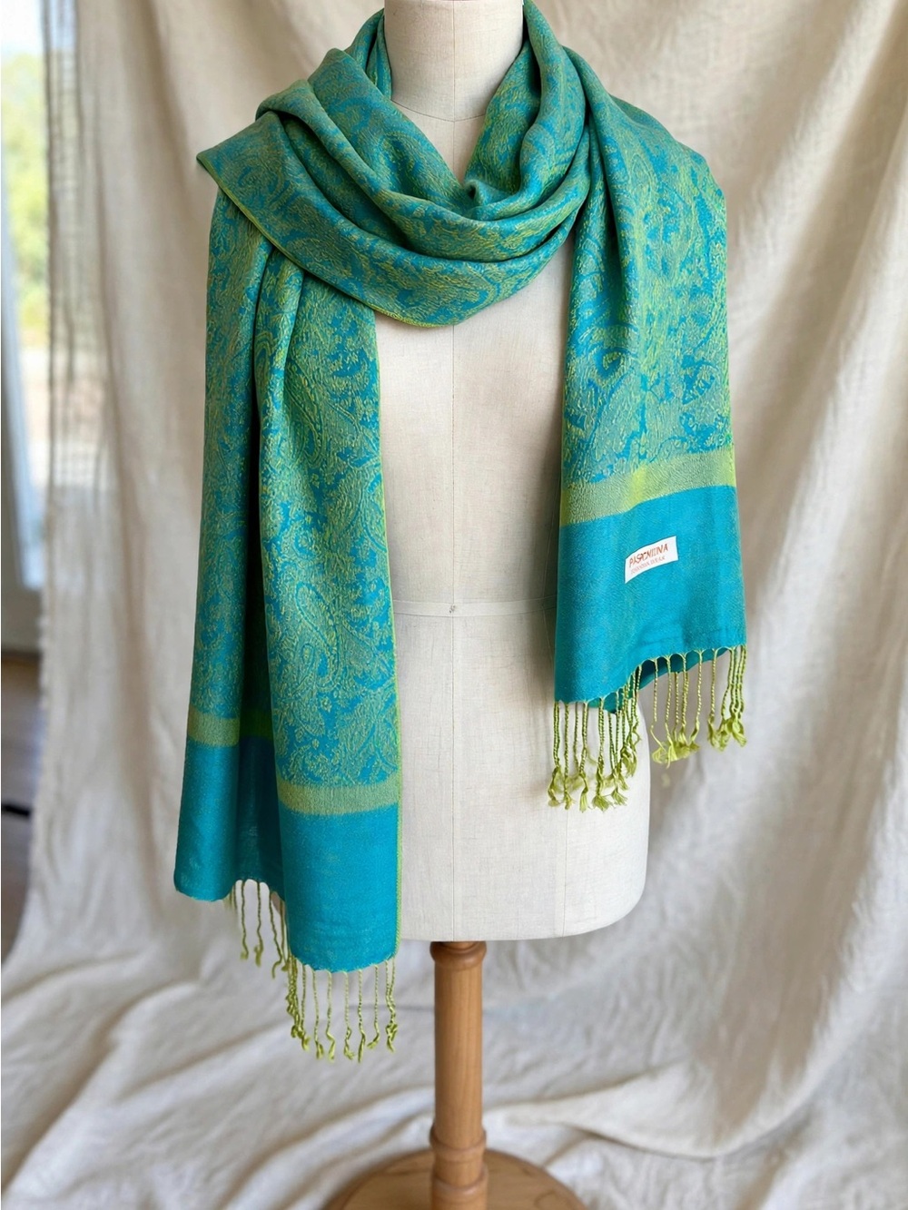 Turquoise & Lime Paisley Pashmina Silk Shawl Wrap Scarf 80x28 Fringe 70/30